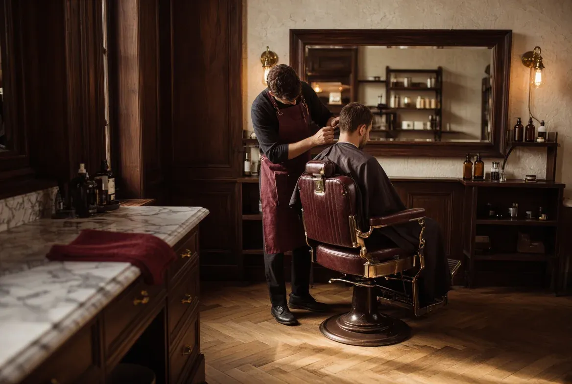 Барбер стрижёт клиента в кресле Face barbershop